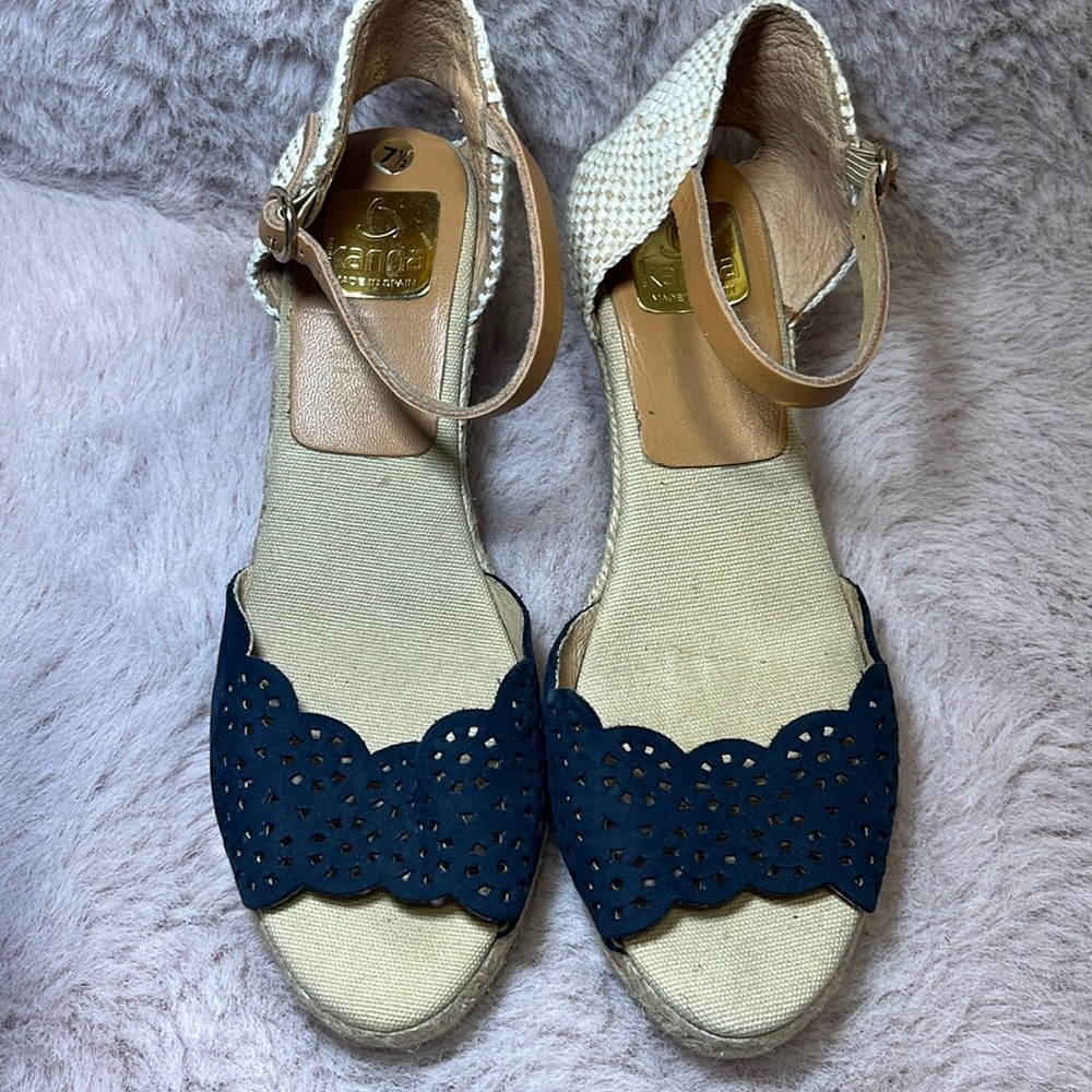 kanna wedge shoes espadrilles, w/ ankle strap EUC navy navy and beige/7.5